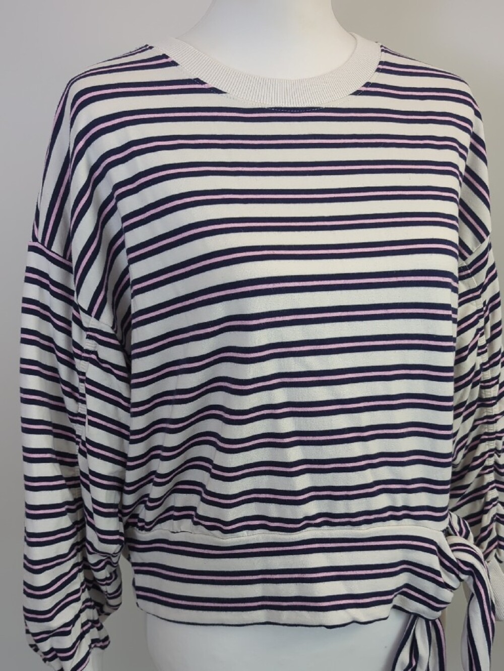 Kensie Jeans Striped Tie Waist Ruched Sleeve Sweatshirt Top Navy Pink LARGE